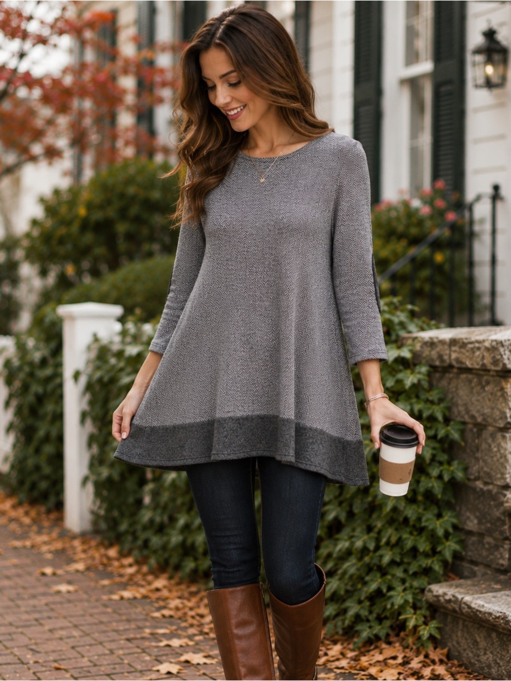 Puella XS Herringbone Swing Tunic Top Gray Black Elbow Patch 3/4 Sleeve